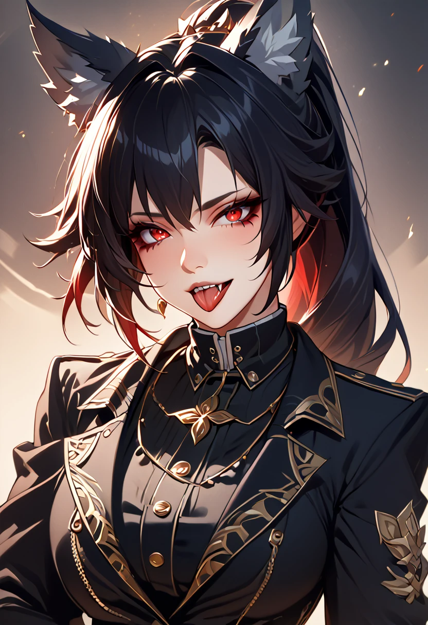 beautiful anime woman wearing a black military trench coat, tight black jeans pants, wolf ears, wolf tail, half wolf and half human, red eye color, black hair in a ponytail, light novel art, detailed anime art, anime, regal, royal, sexy, thicc, beautiful feminine facial features, flirtatious, sultry, slutty, petite, sharp canines, aheago, villain, all black clothing, high quality, very detailed anime art, feminine, slender face, military general vibes, pretty girl, good lighting, close up shot of face, sticking her tongue out expression, lewd