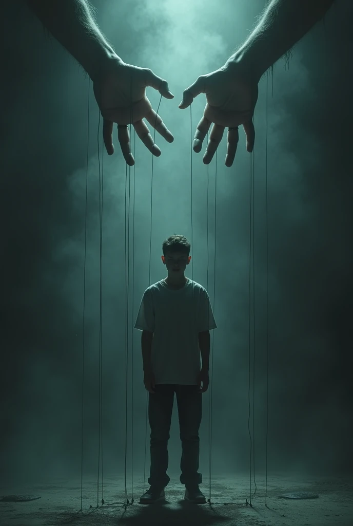 a boy which is being manipulated like puppet, poor boy, bad hands, dark theme