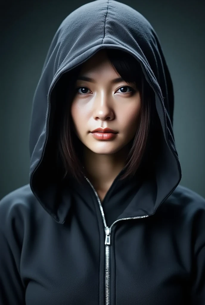 Super face close-up portrait, (Cyberpunk face extension: 1.8), spectacular skin detail, sci-fi darkness, silent fighter, silent Asian female assassin hiding her face with a cyberpunk-like black hoodie sweatshirt in a dark basement, ((glaring at the viewer with a stern, distrustful gaze 1.4)), (harsh lighting from behind in a dark basement: 1.8)