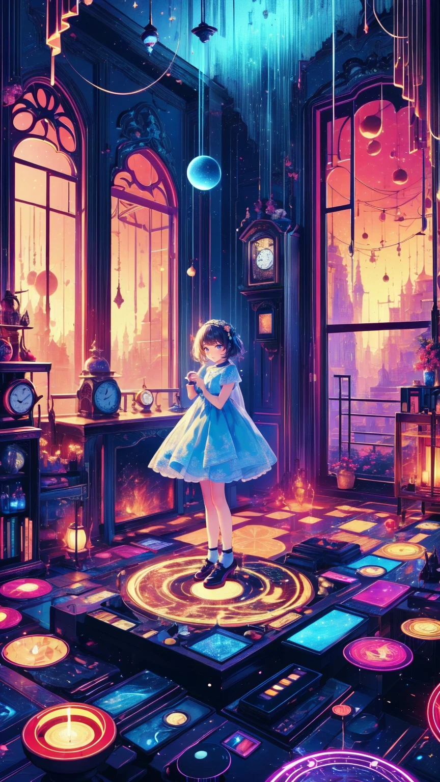 ,  full body view, Head to Toe Composition,Create an illustration of a fantastical space filled with countless intricately crafted clocks.. Each watch exudes nostalgia and wonder, The overall look creates a fascinating and nostalgic atmosphere.. These clocks are floating in a space-like void.,  Creates a fantastical atmosphere,  . Standing at the center of this enchanting scene, A lonely young girl, Her presence、Adding innocence and curiosity to the space. The wonder of her big eyes、Reflects the magical essence of the scene, The whole illustration looks dreamy and charming..
