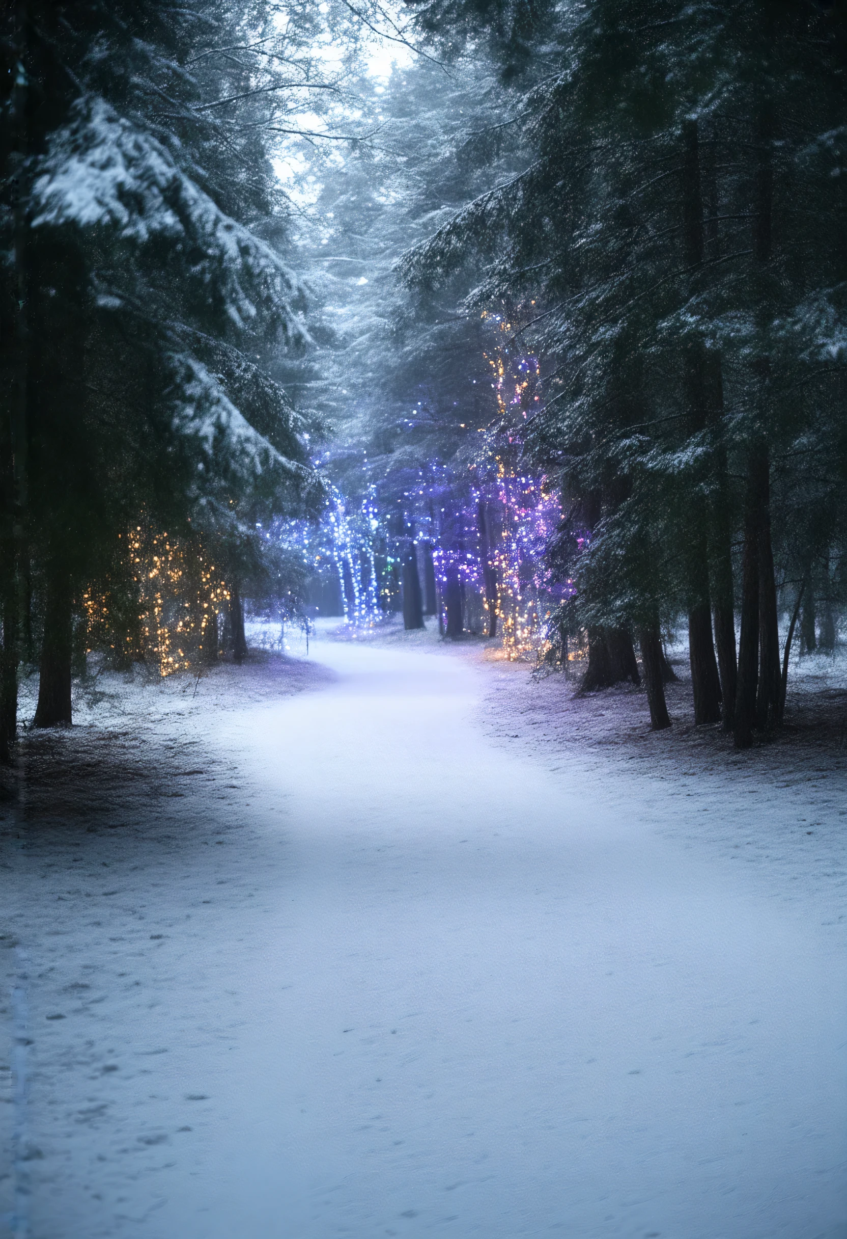 Snowy path with trees and lights in the middle of it - SeaArt AI