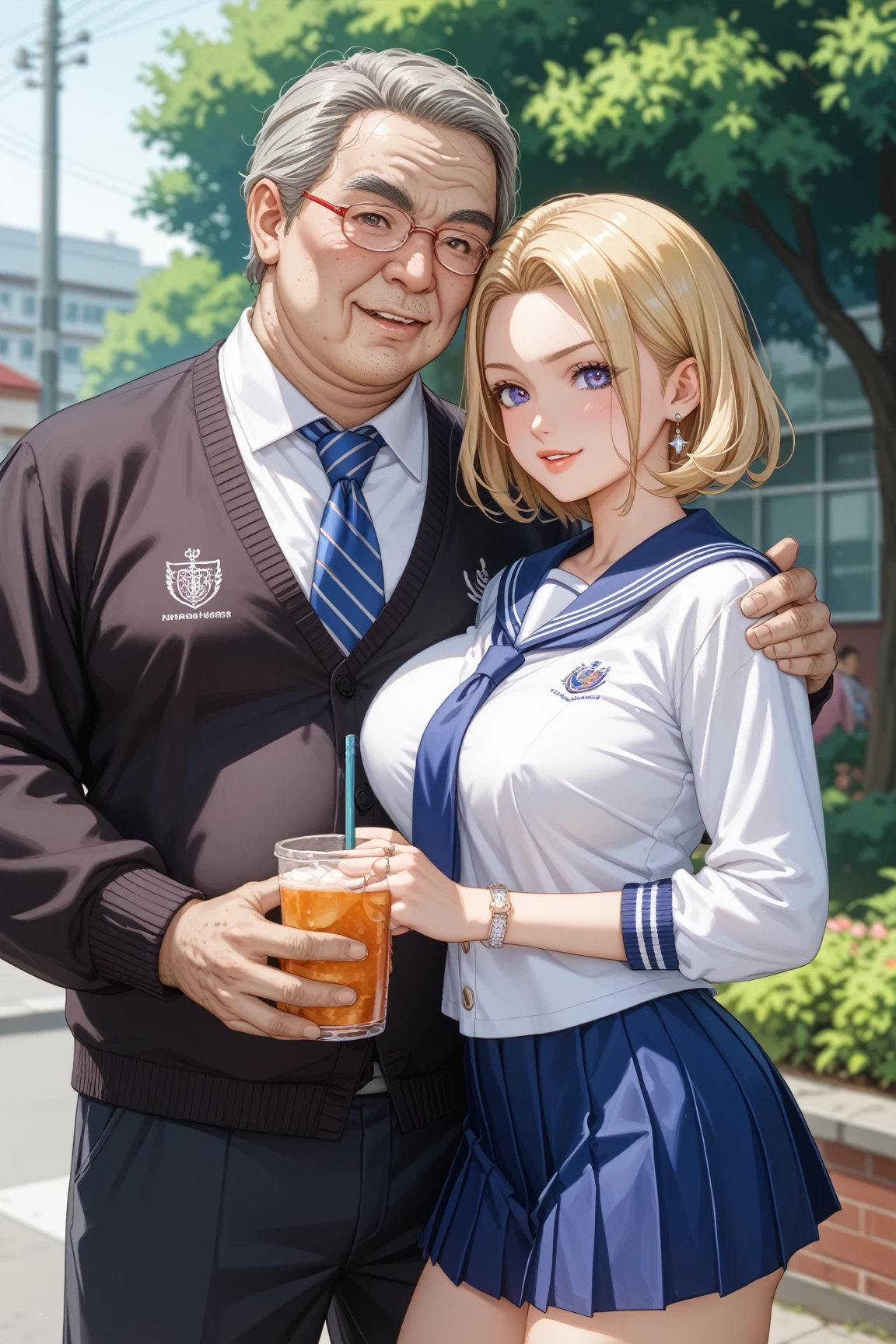 female 1 person、1 male、couple、10th Generation、 Yankee、Bad girl、 Very Big Breasts 、Very big ass、Tree Eyes、Blonde、Glare、 sailor suit 、 Mini Pleated Skirt、 cardigan、Forehead、 medium hair,ugly middle aged man with short hair、Ugly、Stubble、 male teacher、male teacher 、Man in his 50s、 muscular body 、Jersey、Middle-aged man holding a woman's shoulders 、Nightlife、