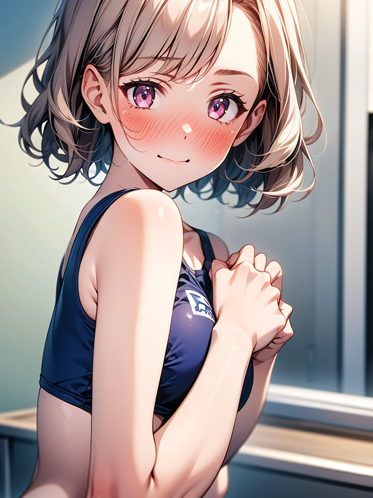 1girl, medium breasts,school swimwear,blush, nose blush, embarrassed, from side,
best quality,medium quality, turning your gaze , face forward,whole body