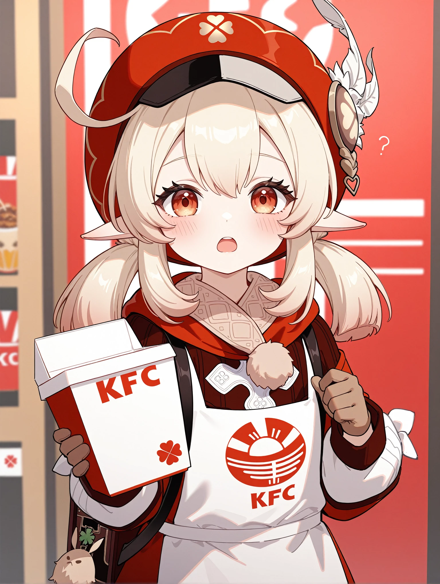   banned artist,klee \(genshin impact\), 1girl, standing, open mouth, holding,kfc, looking at viewer, blush, upper body,
 ,masterpiece,best quality,newest,