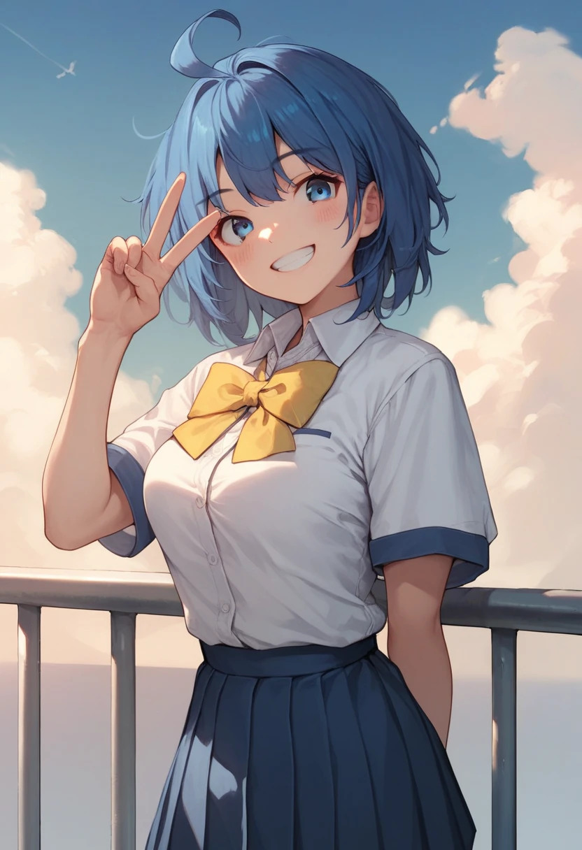 outdoors, sky, day, collared shirt, cloud, hand up, medium hair, grin, blue sky, blue skirt, v, yellow bow, arm behind back, railing
1girl, solo, breasts, looking at viewer, blush, smile, bangs, blue eyes, skirt, shirt, bow, school uniform, blue hair, standing, white shirt, ahoge, short sleeves, cowboy shot, pleated skirt,