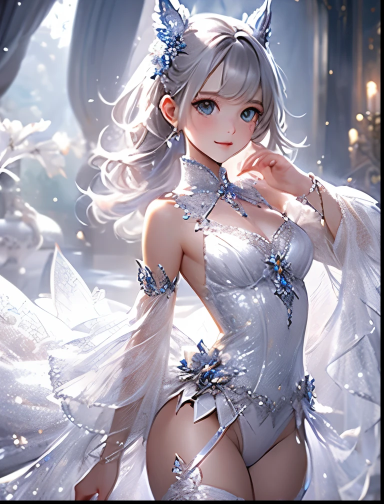 （（（ＳＦＷ、Precision、Highest quality、A first-class masterpiece、Normal body、8k、  Detailed Face 、Ultra-precision、 Normal hand、５refer to、Highest）））、Neat, pretty, ish, and cute silver-haired girl wearing an artistic high-leg costume