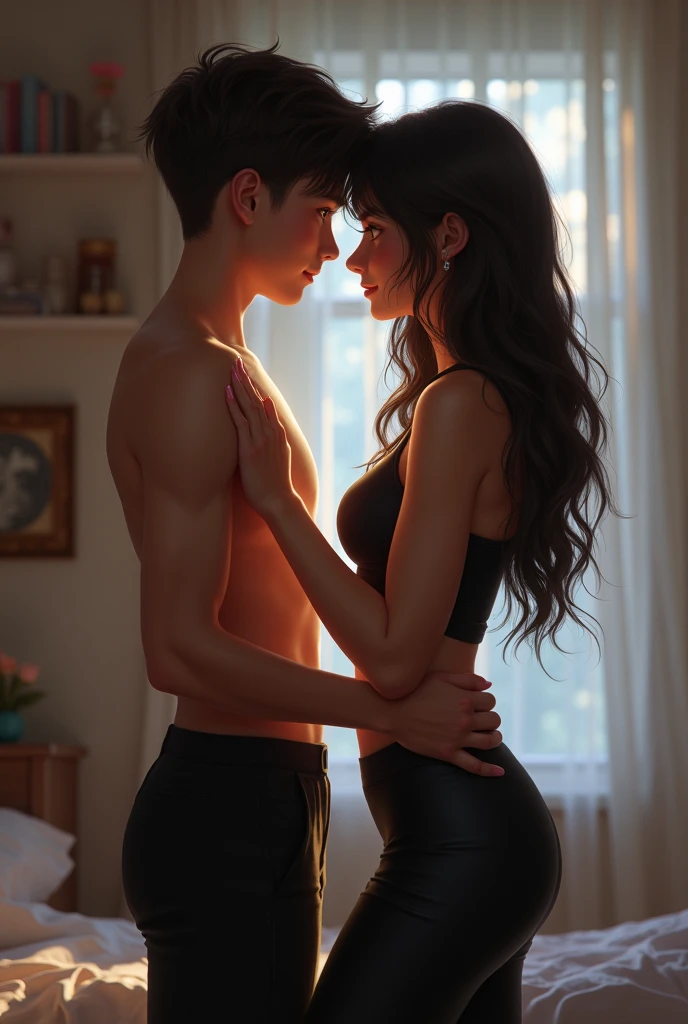 1 boy, 1 girl, Mature female,  Embrace, kiss, Place your hands on your head, Wearing sexy lingerie in a room