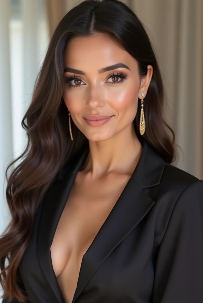 a mujer latina in an executive suit, weight 80 kilos, round face, beautiful detailed eyes, beautiful detailed lips, extremely detailed eyes and face, long eyelashes, realistic, photorealistic, hyper detailed, highly detailed, masterpiece, 8k, cinematic lighting, dramatic lighting, cinematic, elegant, refined, chiaroscuro, dramatic, sophisticated, regal, powerful, authoritative, confident, strong, proud
