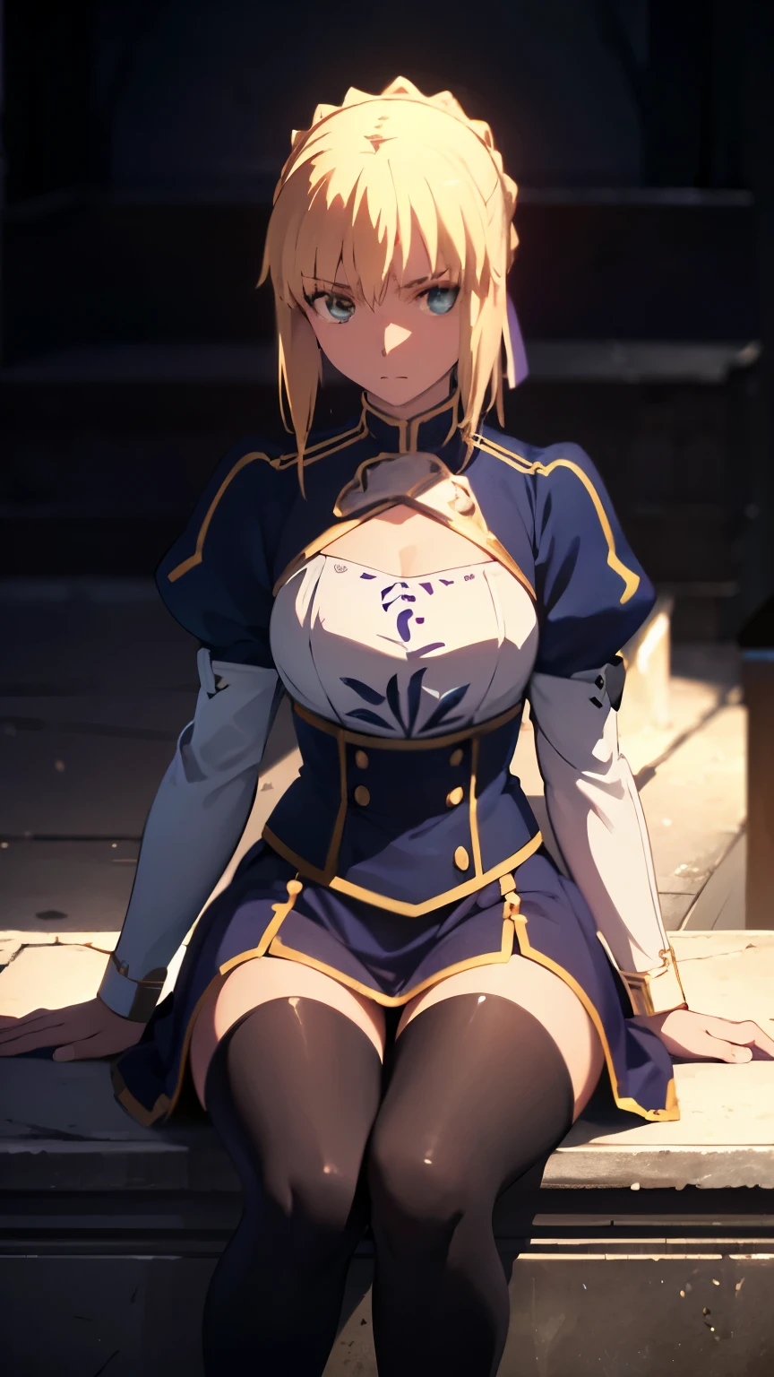 saber from fate; up to down perspective;; sitting cute pose; staring on sky; mini-skirt; stockings; aesthetic; bohemian; realistic; skinny fit; emo; ; night church background; Dark fantasy ; focus on hips; goddess; solo girl; epic scene cute eyes; black and yellow outfit;