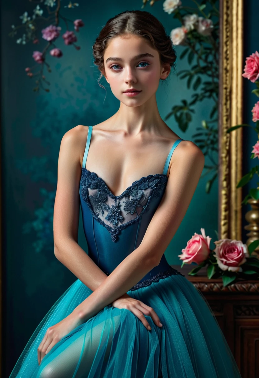 ( high resolution,masterpiece:1.2),( realistic:1.37)"( best quality,  high resolution,  super detailed ,  realistic), is a beautiful full-length portrait of a **-****-*** French ballerina , ( She is half French and half Japanese ,  and this is an amazing beauty with dark blue eyes and a high nose:1.1), naked,  without clothes,  Detailed facial features , long graceful neck,  flowing hair curls ,  balanced and elegant posture , soft and delicate lighting , bright colors,  restrained background with floral motifs ",  dreaming atmosphere , Surrealism,  mystical aura 