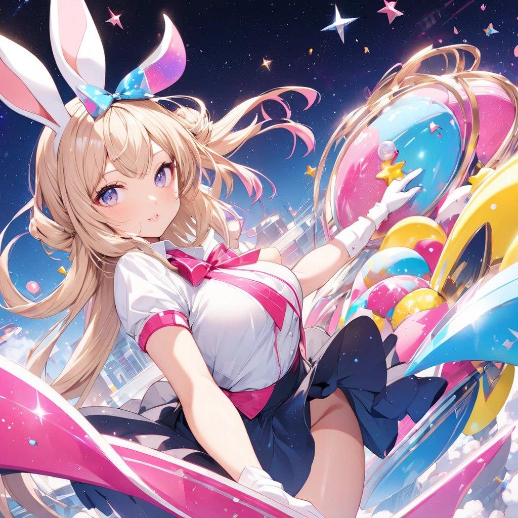 rating_safe, score_9, score_8_up, score_7_up, score_6_up, score_5_up, score_4_up, hires, source_furry,  spring outfit, colorful hair, outdoor, magazine cover, dancing, furry girl(rabbit Facial Features, rabbit Body Features)jumping, flowing colorful ribbon, Flying sweat, serious expression, joyful smile,