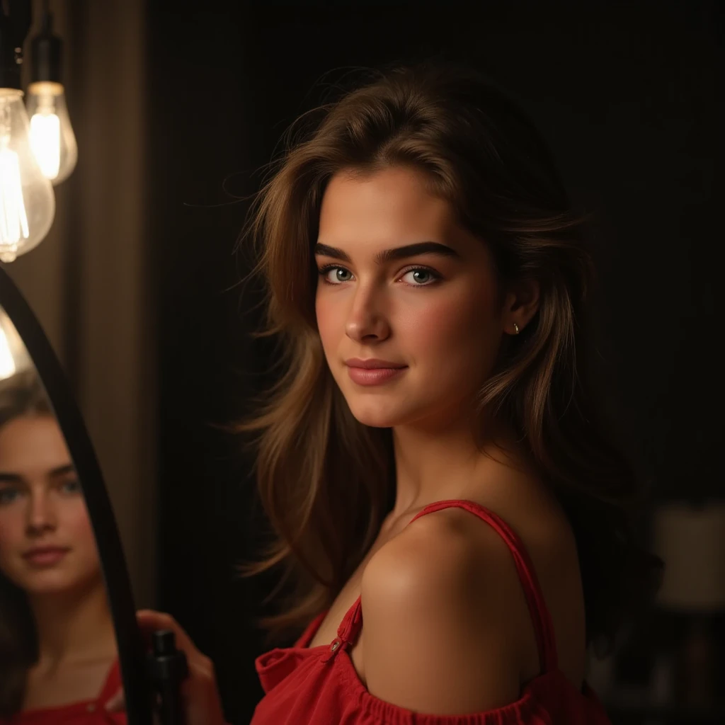 The image portrays a girl, "Brooke-babe" , "Eve", standing next to a mirror in a dimly lit, nighttime setting. she is standing in room with black textured walls, wearing a Red Gucchi, Dress, Wearing a Eye liner and wet done eye lashes, Skin freckles are slightly visible , and skin pores are detailed, she is looking  with a seductive smirk that adds a mysterious allure, with faint, warm light from hanging bulbs in the foreground, casting soft glows and dynamic shadows.This ultra-high-resolution photorealistic masterpiece embodies a moody, nostalgic vibe with a cinematic edge." face closeup. 