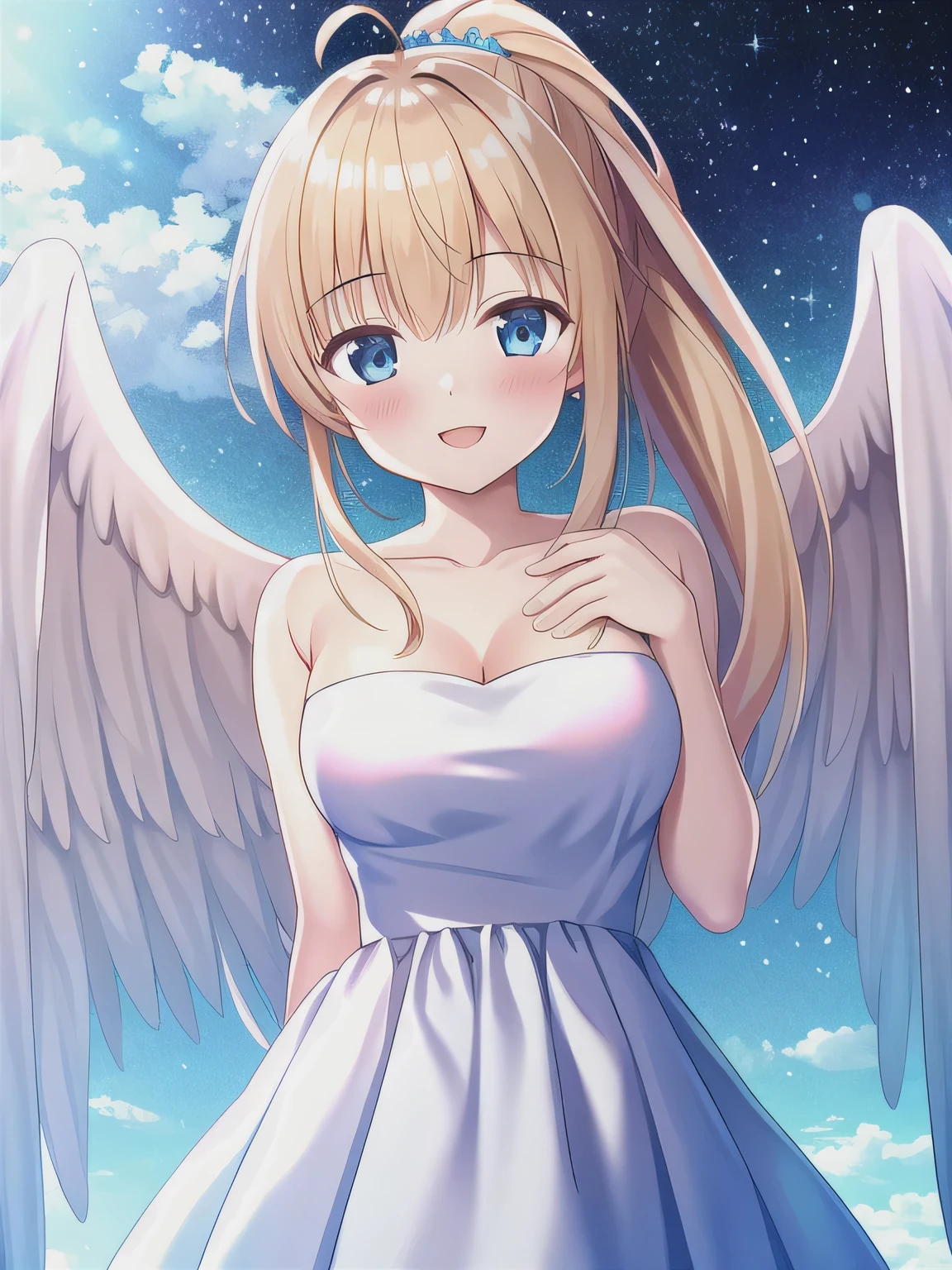 nude angel girl wearing an ethereal translucent dress, pale skin, ((blue mint wavy hair)), white feathers, angel wings, sparkling detailed eyes, golden ratio face, perfect composition, highly detailed, ethereal, (starry night sky background), midjourney style