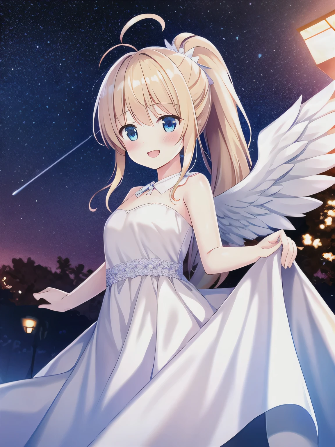 masterpiece,  best quality,  high definition , Game CG,  1 girl , ,Ponytail, blue eyes, watching viewers ,Ponytail, blue eyes ,  with bangs,Blonde,Wings on your back, Angel,White Wings,Droopy eyes,Align your bangs,smile,I'm watching , bangs, upper body,Ahoge, white dress,One person,alone, White Clouds , starry sky ,night、 big wings