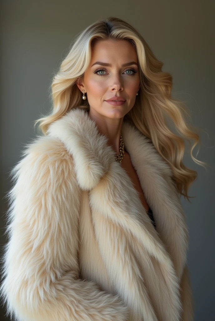 45 ans,(Une MILF:1.2), un regard captivant, yeux verts, cheveux blonds,A very wide and very thick, very short sand mink fur coat, fifty centimeters thick, duveteux, naturel, with an ultra thick white and sand mink fur collar, three layers, souriante, fully nude front view, bare shoulders, and two large breast discovered by the fur, Sosie de la vieille femme Carla Gugino, Detailed wrinkles (8K, high resolution, Ultra-quality, A quality of'image ultra élevée, ultrarealistic, best quality:1.2) (gros seins en bonnet D:1.1), eyes visible through the hair, with silver gray hair, bobbed hair, Bonne position des yeux, cinematic light, Soft light, lombes, la nuit, detailed color background, Convoluted, Very detailed, 8K, Overall Silhouette, posant professionnellement sur un canapé penthouse, En regardant directement la caméra