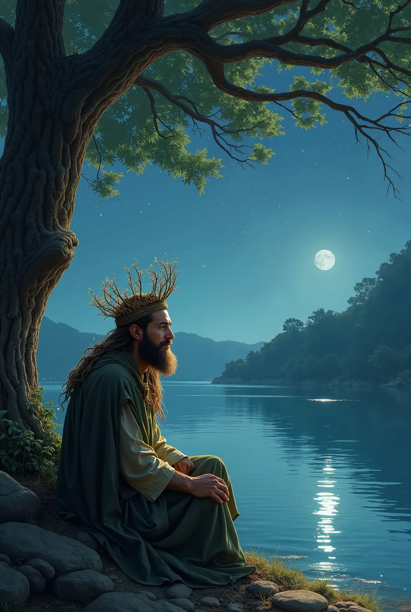 Art style: Semi-realistic and epic illustration. Tolkien-like elf, wavy hair, full beard, fair skin, straight nose, and Arab features. Sitting by the edge of a lake reflecting the light of the stars. A crown made of woven flower branches. Beneath a tall tree from the Brazilian cerrado. A calm expression, as if he has seen ages go by.
