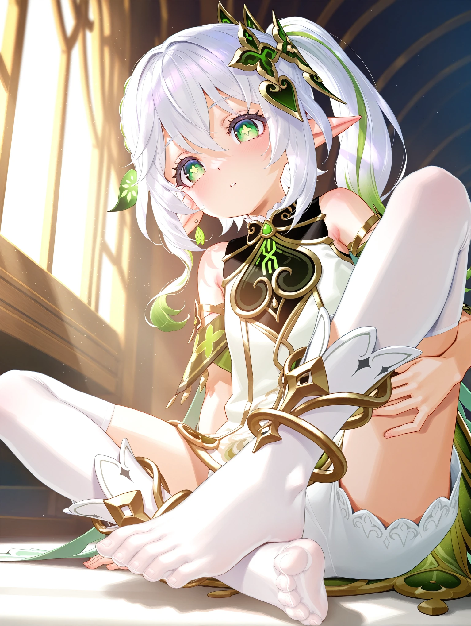 by happoubi jin, by fuzichoco, by lam, by kinta \(distortion\),
nahida(/genshin impact/), 1girl, solo, pointy ears, earrings,white thighhighs,green eyes, sidetails, light particles long hair, short sleeves, 
, positive theme, sunrising, focus on foot, light

 ,masterpiece,best quality,newest,