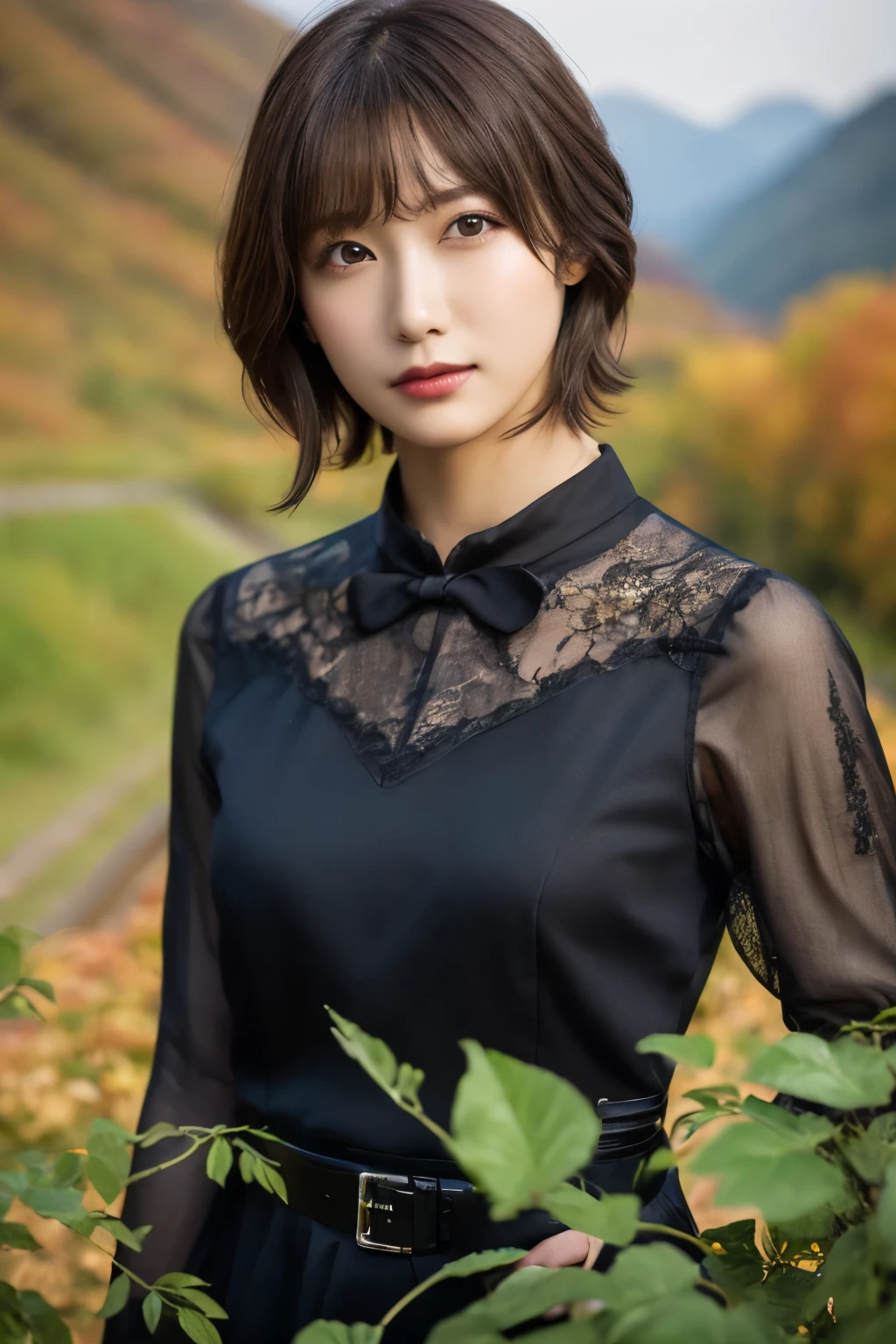  1 girl, A very beautiful portrait of a Japanese singer, ( Red Dress ), ( gothic makeup ),
(RAW Photo Best Quality), (Realistic, Realistic:1.4), (masterpiece), 
 Very detailed, 2k wallpaper, wonderful, finely,  Very detailed,  CG Unity 8k Wallpaper ,  Very detailed,  high definition , Soft light, 
 Beautiful Girl Carefully Drawn in Every Detail ,  Very detailedな目と顔,  Beautiful and Elegant Nose ,  beautiful beautiful eyes,  Film Lighting , 
(Bromide photography ), (short hair), ( The girl is standing on an abandoned railway line in a rough mountainous area:1.2), ( covered with weeds and rusted railroad tracks ), (An unmanned home with no roof and weeds growing ), (Decayed sleeper ), (autumn leaves),
 perfect anatomy , 細身の体,  smaller breasts, Thin legs, whole body, I am so lonely