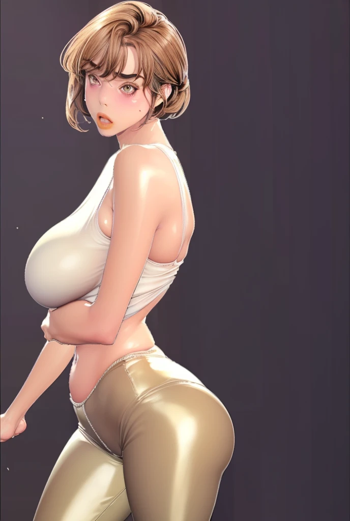 (（（figure，Mature woman figure,White and tender skin,（（（Yellow short sleeved, thinnest wet women's panties take off themselves with their hands as low as possible ）））,(（（Soridef，brown eyes，brown hair，short hair,））),，((masterpiece)), highres icon,((Best quality at best)),masterpiece,quality,Best quality,(（（  to the audience,Light in the eyes， blush，pant）））,Huge breasts,苗条figure, Black background）））