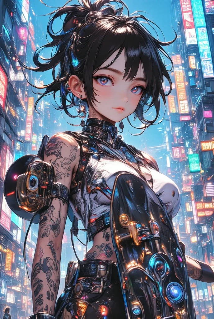 a painting of a woman with tattoos and a skateboard, Cyberpunk art by Russell Dongjun Lu , trend in CGSociety , street art, Cyberpunk 2077 Character Art, Cyberpunk streetwear, cyberpunk style 2 0 7 7, cyberpunk 2077 ross drawings, a highly detailed character design , cyberpunk art style, cyberpunk style attire, cargo pants. cyberpunk city