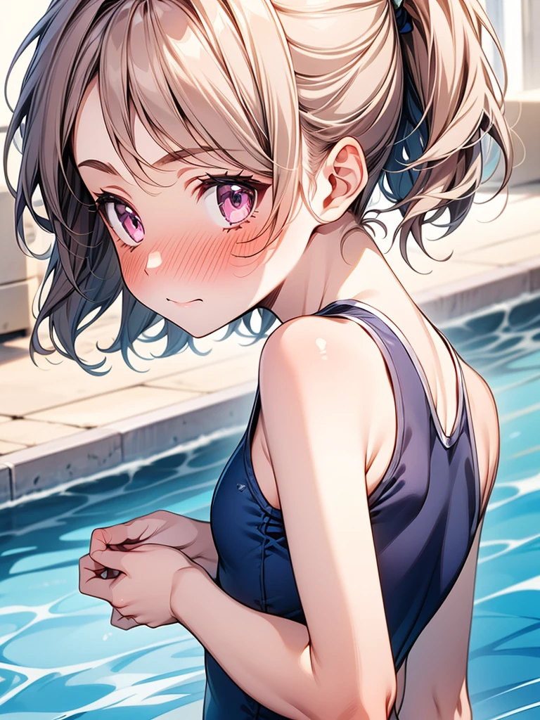 1girl, medium breasts,school swimwear,blush, nose blush, embarrassed, from side,
best quality,medium quality, turning your gaze , face forward,whole body