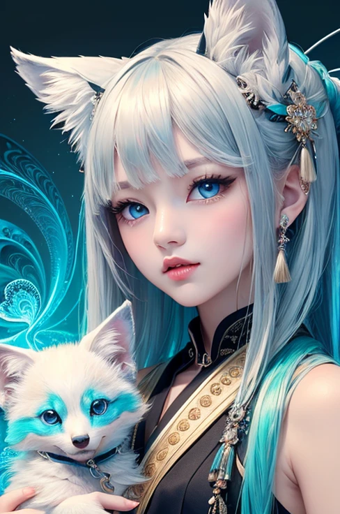 (masterpiece、  best quality 、  best quality 、 Official Art、aesthetics:1.2)、( 1 girl:1.3)、Baby kitsune，( fractal art:1.3)、Beautiful aqua blue eyes、 beautiful skin 、medium hair with silvery tassels、Ultra-precise detail