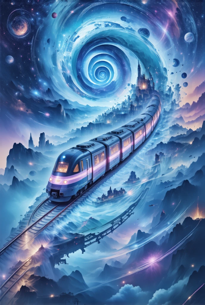 Science Fiction,  actual .  Cyberpunk trains spiral dynamically in outer space,It also destroys many layers of dimensions ,  has many beautiful spiral light marks .  Many landmarks in the world are holographically displayed in the air .  motion blur .Very dynamic scene.