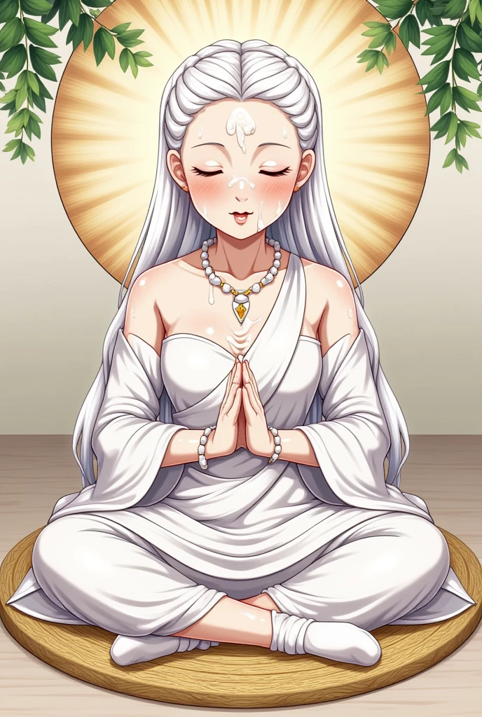 (1 female Bodhisattva: 1.4) sitting on round straw mat, (Indian style: 1.3), sitting on round straw mat, (round straw mat: 1.3), (meditation pose: 1.3), (raising hands, crossed hands , Prayer posture: 1.3), dignified and beautiful, wearing (white silk Buddha clothes: 1.3), (white silk: 1.3), having (white hair: 1.2), (good: 1.2), French braid, white transparent veil, futon , close your eyes, jewelry, necklace, (prayer beads:1.2), (white cloth shoes), white socks, (go to love:1.2) (((veil)))
