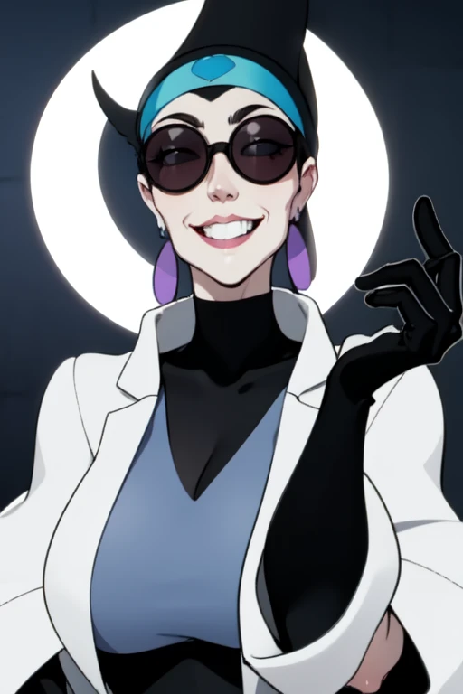 Yzma, black hair, pale skin, tousled hair, sunglasses, blue headband, earrings,
black gloves, white lab coat,
smile, upper body,
lab, 