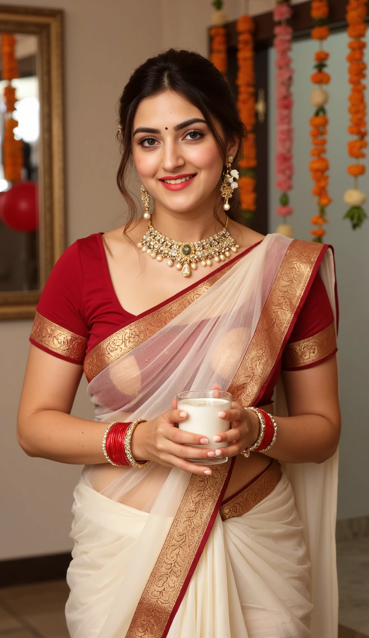 extreme close up photo of traditional Indian woman, perfect thick figure, seductive eyes, looking at viewer, sultry, wearing an elegant cream transparent saree with a rich red border showing deep navel. She is adorned with traditional gold jewelry, including a necklace with pendants and matching earrings, and has jasmine flowers in her neatly tied hair. Her wrists are decorated with red glass bangles, and she holds a glass of milk in her hands with a serene smile. The setting is a festive indoor environment with hanging flower garlands in the background, exuding a warm and celebratory atmosphere. The lighting is soft, highlighting her features and the intricate details of her attire, 4K, HD
