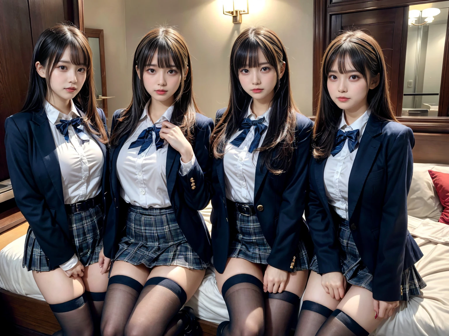 (8K, Raw photography, top-quality, masterpiece:1.2), master piece, best quality, illustration, Super detailed, fine details, High resolution, 8K,wall paper, perfect dynamic composition,(Details High quality, realistic depiction of eyes:1.3), ((2 girls, 2 schoolgirls)), The background is a luxury hotel room、High school girl uniform、blazer 、Super Short Check Uniform Skirt、Navy blue high socks、garterbelts、Colossal tits、Disturbed uniform, Play with each other,Touching each other's bodies,Touching the body of the girl next door, short bob hair, black hair color, huge breasts, Big Natural Color Lip, bold sexy pose, (perfect body shape), crying a little、cold gaze, Beautiful makeup,glitter makeup,Cutest 18 years old, beautiful legs, hposing Gravure Idol, Voluptuous thighs