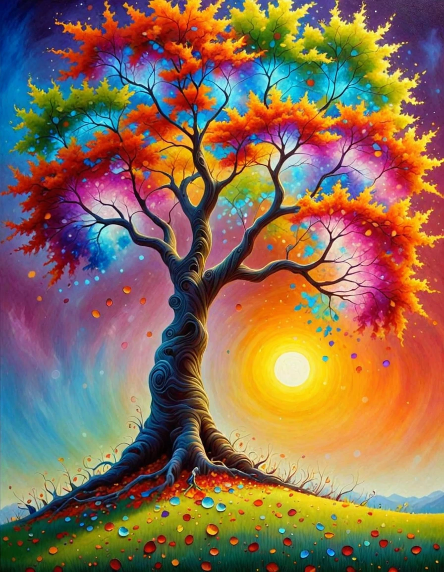 Highest quality, high resolution, best composition, picture of a tree with colorful leaves, magical tree, colorful leaves, colorful otherworldly trees, fantasy, magical tree, whimsical art, beautiful art, mysterious colors, colorful and detailed landscape painting.