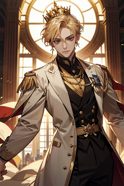 anime. Reincarnation of Roman Emperor Constantine the Great. Heir of a global luxury resort hotel group. he has fluffy chestnut hair. he has sharp eyes. gentle smile. odd eye. strong body.  suit.  (Gentle and gentle, but、Ruthless and relentless when necessary.)Belgrade, Serbia ,night view background. urban. super beautiful. High resolution. high quality. High resolution. digital art.
