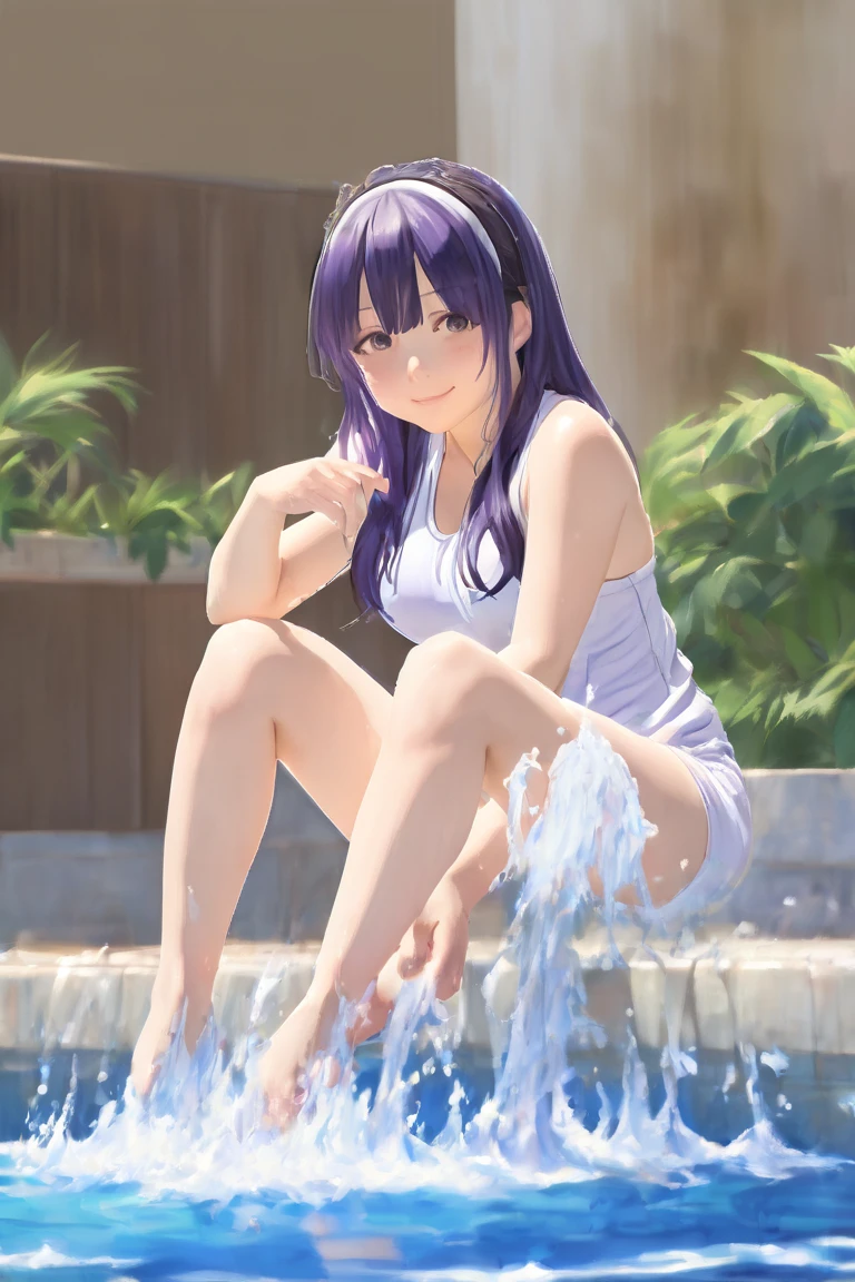 mejiro mcqueen \(umamusume\),mcqueen,  旧スク:1.35, sitting, squatting, leg_spread, very wet swimsuit:1.31, wet hair, naughty smile, blush, in heat, steam, poolside, masterpiece, best quality, ultra detailed, anime illustration, ideal anatomy, looking at viewer, squirting