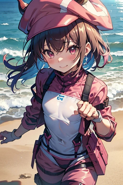 (from above:1.2),((close up head)), looking up, standing,  
open legs,　 (cowboy shot), 
embarrassed, seductive smile, blush, drunken eyes,
Llenn,anime style,(( best quality)), ((masterpiece)),( Details), high definition ,Sharp focus, perfect face, beautiful eyes,{best illustration},(非常に Details CG unity 8k wallpaper),
((( vibrant colors))),(((shiny 肌,very shiny 肌, shiny body,plastic glitter 肌,exaggerated shiny 肌,illuminated skin))),
( perfect finger),(Five fingers),(complete anatomy),1teen girl, slim, small, (flat chest), Short Hair, light brown hair,

Pink jacket,knee pads, Camouflage, fur trim, gloves, straps, Pink animal hat, (pink long pants, pink bottoms),

　aiming a gripping p90 at side,
sand漠,(sand丘,sand:1.2),Dust,Windy,sandstone,(sand漠のオアシス:1.2), Ancient weathered stone pillars submerged in an oasis,((Vast blue sky)),