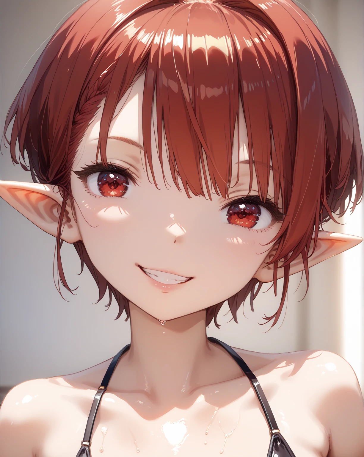 full-length, 1girl:1.4, solo, elf, elf ears, (cute face), (focusing on face), (Ideal body proportions), ((Composition from head to thigh)), black bikini suit, Drenched shortcut blond hair, (scarlet clear red eyes, tsurime), The erection, Carmelto, Sexy body, grin smile, short-hair, blond hair with burgundy tips of hair, burgundy ends of hair, shiny skin, oiled skin, slenderness, Small buttocks, Beautiful legs, Skinny Legs, One-person viewpoint, masterpiece, ((Anatomically correct)), (portrait:1.4), (((close-up))), (focusing on eyes)