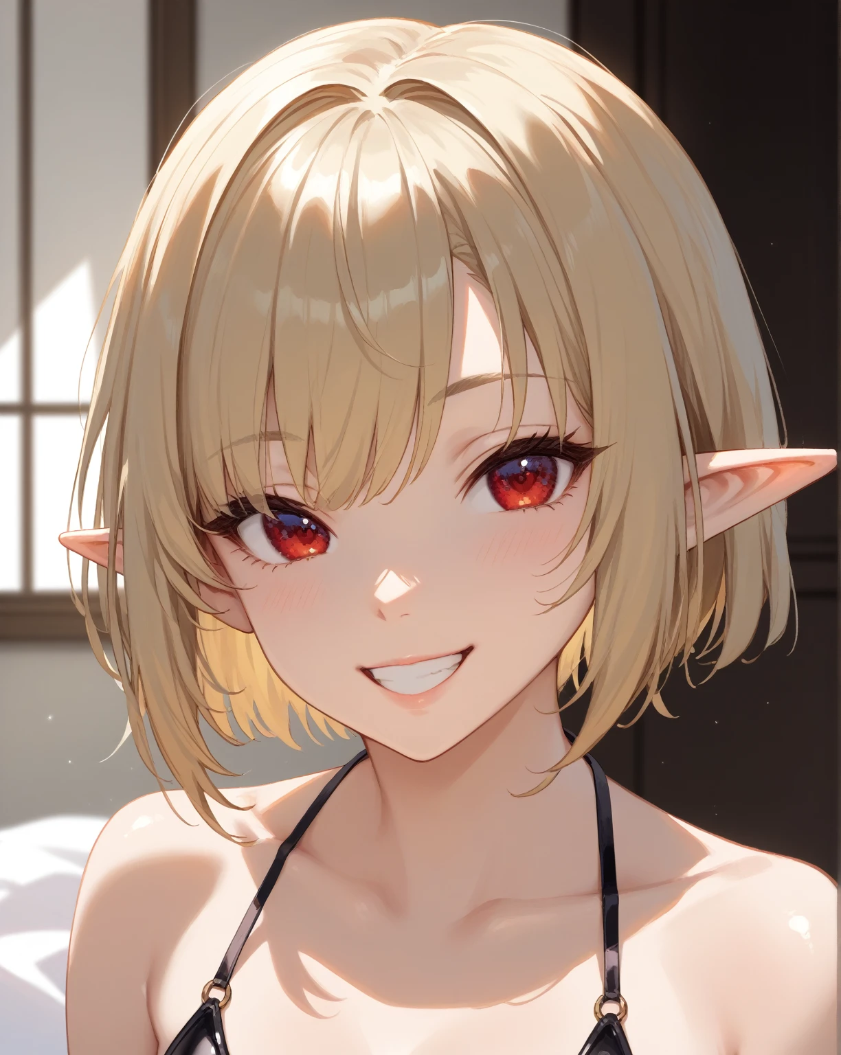 full-length, 1girl:1.4, solo, elf, elf ears, (cute face), (focusing on face), (Ideal body proportions), ((Composition from head to thigh)), black bikini suit, Drenched shortcut blond hair, (scarlet clear red eyes, tsurime), The erection, Carmelto, Sexy body, grin smile, short-hair, blond hair with burgundy tips of hair, burgundy ends of hair, shiny skin, oiled skin, slenderness, Small buttocks, Beautiful legs, Skinny Legs, One-person viewpoint, masterpiece, ((Anatomically correct)), (portrait:1.4), (((close-up))), (focusing on eyes)