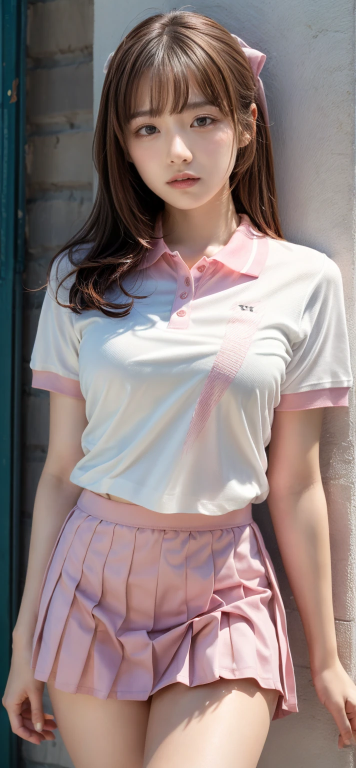 1girll, 独奏, White polo shirt, White sneakers, tennis wear, white mini-skirt, tmasterpiece, Best quality at best, realisticlying, ultra - detailed, (shiny skins, perspired:1.4), looking at viewert, with short black hair, with brown eye,slenderness,Dynamic light and shadow,A high resolution,Sharp focus,depth of fields,The eyes are delicate,Sharp pupils,pupil realistic,(Thigh thick:1.0),exteriors,Skysky