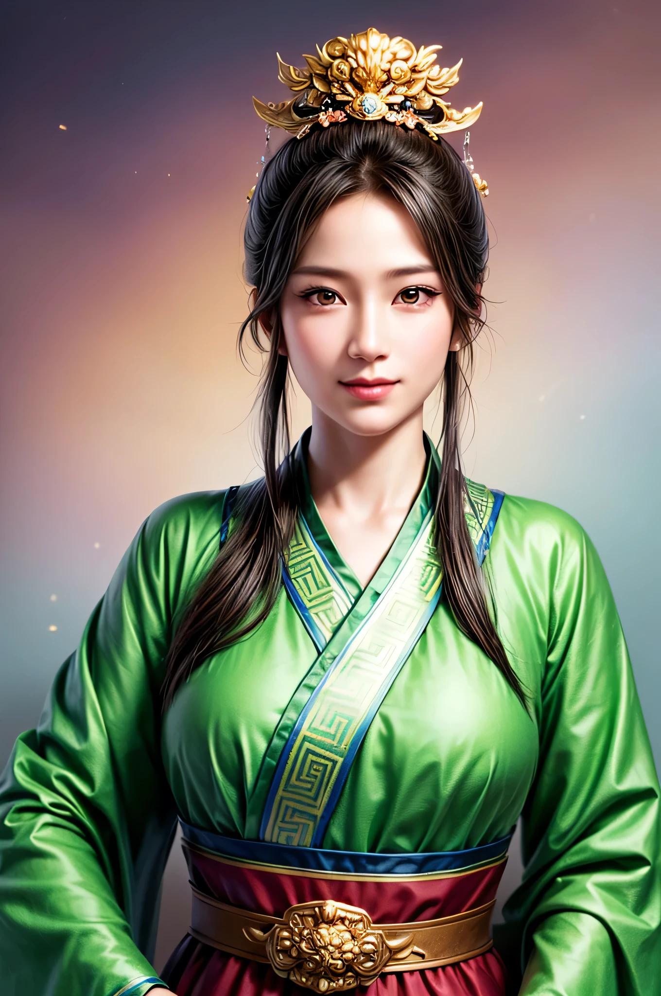 Han Dynasty Landscape、Three Kingdoms、(Highest quality,4K,8k,High resolution,masterpiece:1.2)、Very detailed, High resolution,、hyper HD、Studio Lighting、Ultra-fine painting、 Sharp focus、 Physically Based Rendering、 Very detailed explanation、 Professional、 Vibrant colors、Traditional Chinese Painting Techniques、 Atmospheric lighting、 Vivid color contrast、Very detailed目と顔、 Beautiful attention to detail、 Light on the face、Girl wearing hanfu、(Hanfu: 1.1)、Eyes are green、(((1 girl)))、Anatomically correct、Dynamic Pose