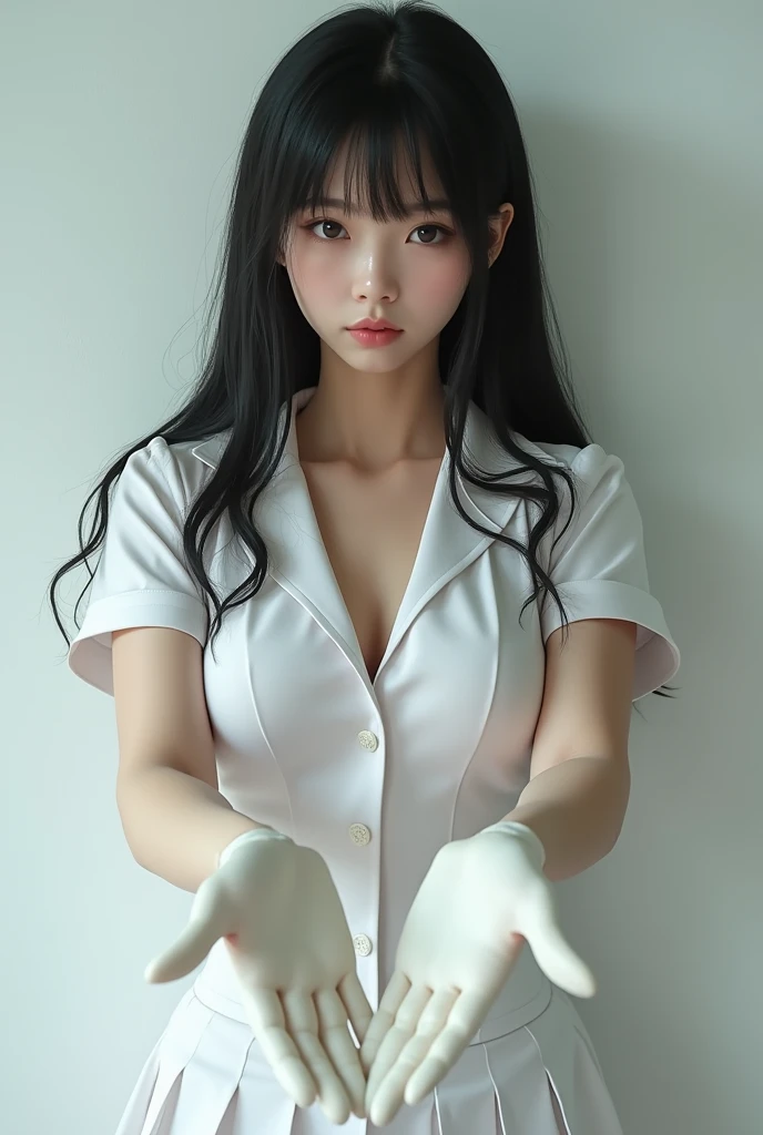(Mega boobs:1.5), (((Safe and secure、CERO A、All ages、safety sensor、Absolutely safe、sfw:1.5, safety)))、masterpiece、best quality、detailed、ultra quality、extremely detailed、hires、ultra hires、8k, 32k、(Main light at 45 degrees from the front,Fill Light、Soft Backlight、A colour palette to suit your mood、Lighting that matches the mood, Accurate human body、Correct five-finger、RAW Photos、reality: 1.4, Official Art:1.2, Cinema Lighting、Lighting in the space that matches the mood、Detailed Background、Background Blur)、Cute Girls、Teenage Girl、solo、One girl、From head to toe、break、
((Oily skin:1,5)), Oval Face, pore,(Sparkly red glitter gloss eyeliner:1.1, jirai make up:1.2) 、(Colored contact lenses、Lip gloss, Long eyelashes、Jirai Girl, Jirai Type Makeup:1.3)、Long black hair、
break、
(((All of these pajamas are made from super soft fleece material:1.8, Light-colored pajama dress type、Thick white horizontal stripes))), 
break、
Big cleavage、Absolute area、Casual love hotels in Japan、indoor、Dark Room:1.5、A cozy apartment room、Messy room、Messy bed、(night:1.5)、(mesugaki Smile:1.5)