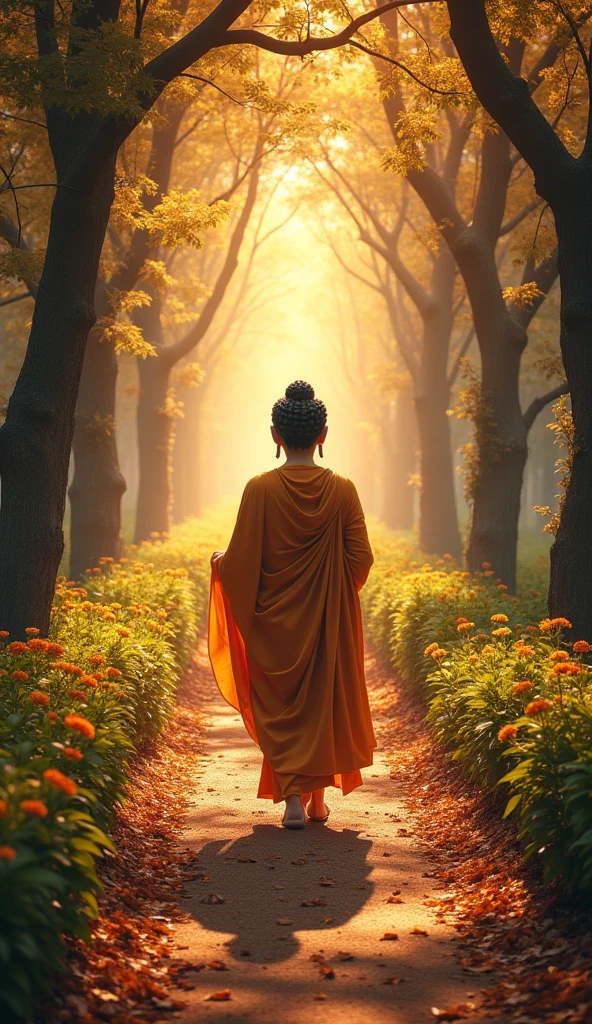 Buddha walking forest colorful flowers tall trees sunlight between leaves