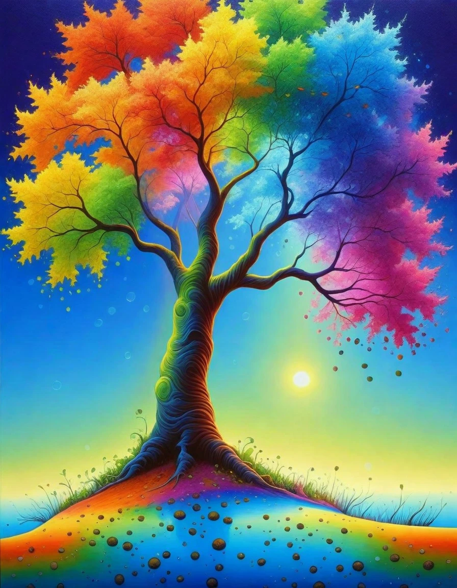 Highest quality, high resolution, best composition, psychedelic art, a single broadleaf tree standing on an island in the lake, the broadleaf tree has leaves divided into rainbow colors, beautiful blue lake, fantasy world, beautiful art, mysterious colors, colorful and detailed landscape painting.