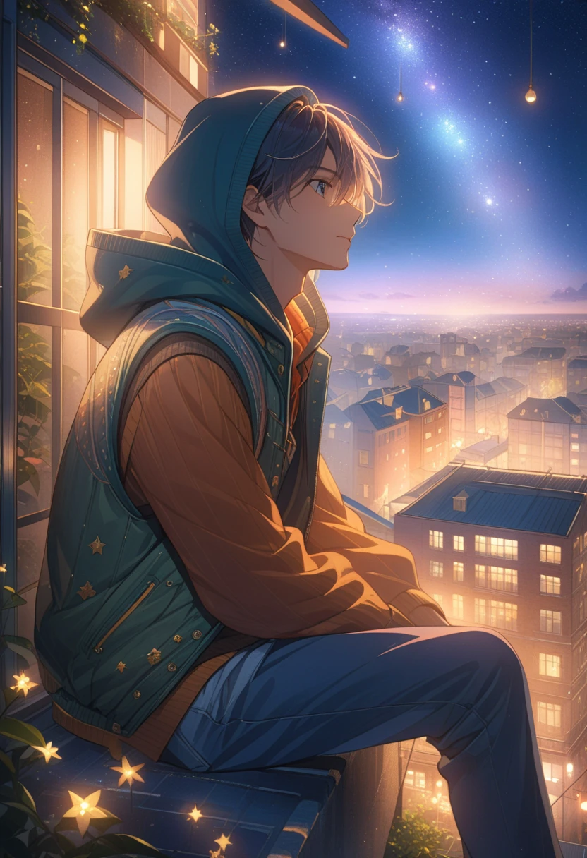 anime, hooded guy, vest, sitting on a building ,  looking at the Stars, Night, stars, Bright Lights,  best quality,  Complex Details ,  lots of details,  best quality, masterpiece,