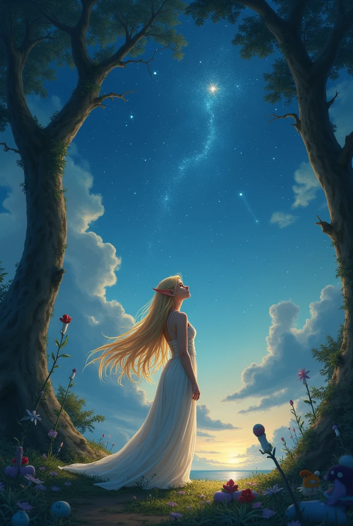 Art style: Semi-realistic and epic illustration. Tolkien-like elf, wavy hair, full beard, fair skin, straight nose, and Arab features. Sitting by the edge of a lake reflecting the light of the stars. A crown made of woven flower branches. Beneath a tall tree from the Brazilian cerrado. A calm expression, as if he has seen ages go by.
