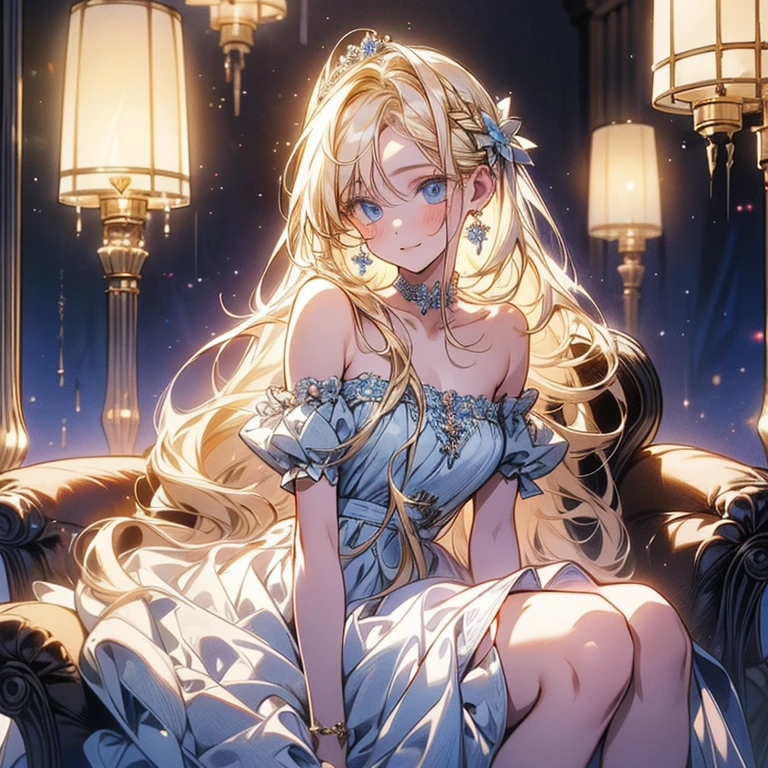 masterpiece, best quality, high resolution,Perfect light and shadow,8k wallpaper,illustration, ray tracing , a cute girl, blond hair,long hair,Straight Hair, blue eyes ,White evening dress,The dress is decorated with tulle,,Strapless, showing my thighs,SITTING ON A GORGEOUS CHAIR,palace