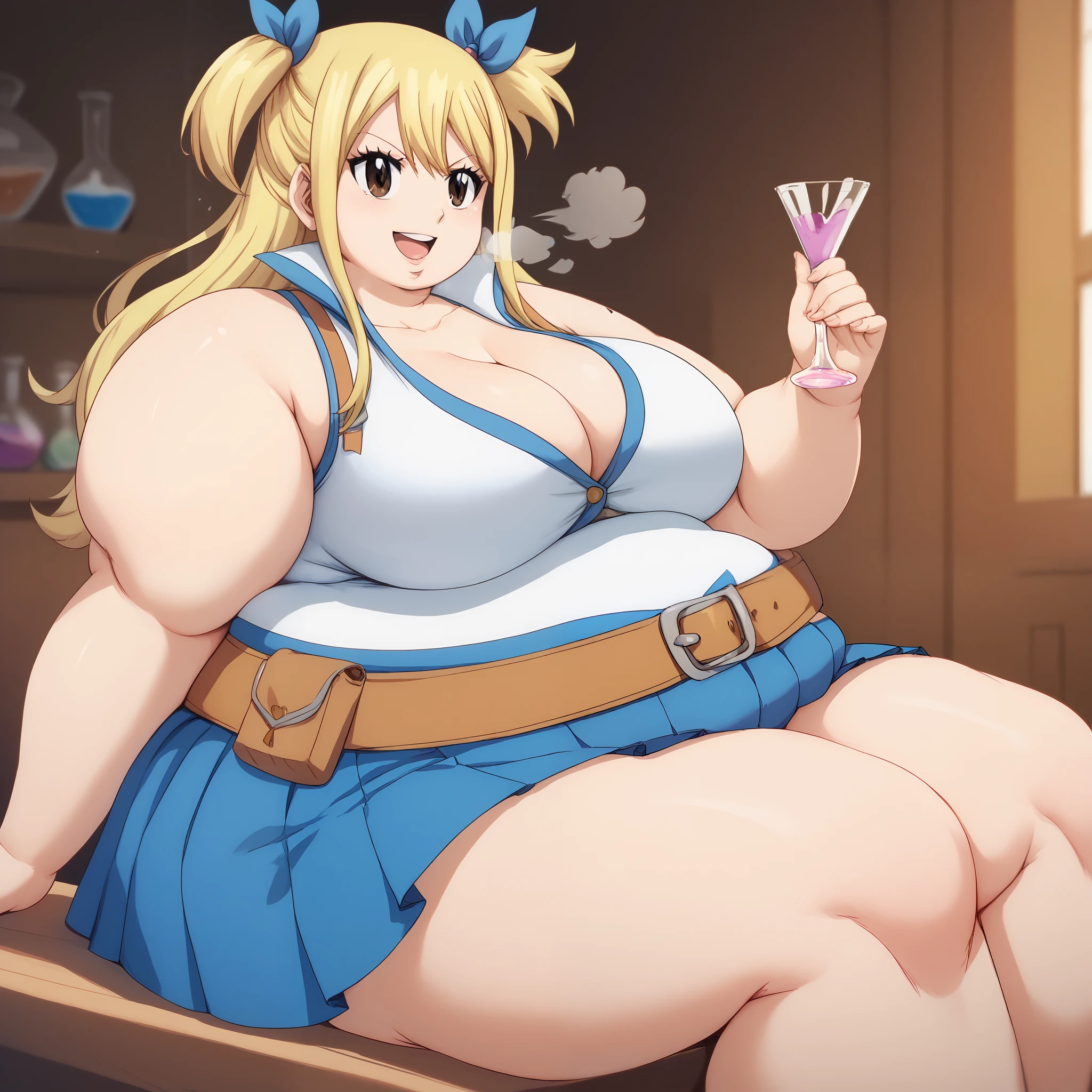 1 girl, Lucy Heartfilia, Fairy Tail, large breasts, long hair, blonde hair, brown eyes, skirt, ribbon, cleavage, bare shoulders, collarbone, hair ribbon, sleeveless, one side up, blue ribbon, blue skirt, pleated skirt, belt, potion shop,, seductive smile,slightly fat, chubby, obese, gigantic arms and legs, large breasts open mouth, out of breath, sitting , from side