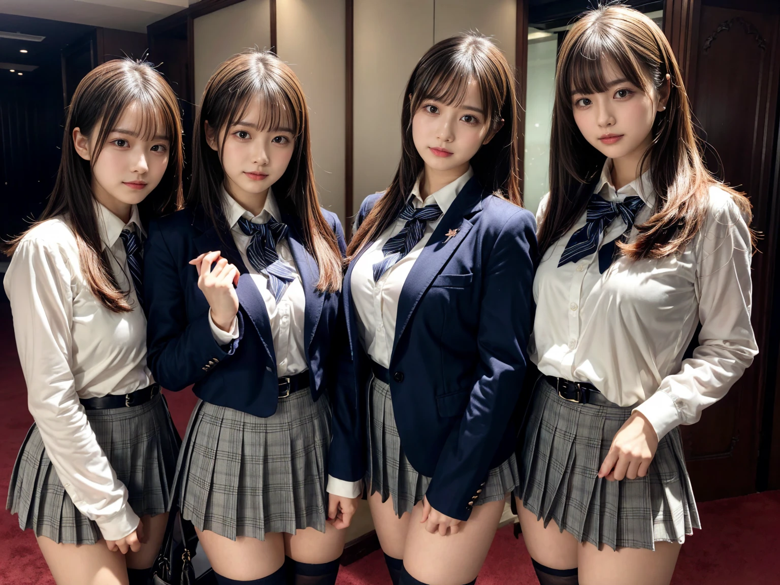 masutepiece, Best Quality, Five girls in the classroom,(5 people standing:1.2),Standing,Teenage, Looking at Viewer,l Group shot, harems,nffsw,Retro underwear,  (pantiy),Realistic,School uniform,(Dark blue blazer and white shirt) ,(Dark blue pleated skirt),Blue Ribbon ,(Looking back, ass grab:0.9),(Beautiful eyes:1.3),frombelow,From below,Kinney,(skinny:1.2) ,Slender thighs, Long body, novel illustration,(Smelly eyes:0.5),closed curtains,(shirts lift,lifted by self:1.5) ,Dark Persona.Skirt lift front,(Panties:1.3),