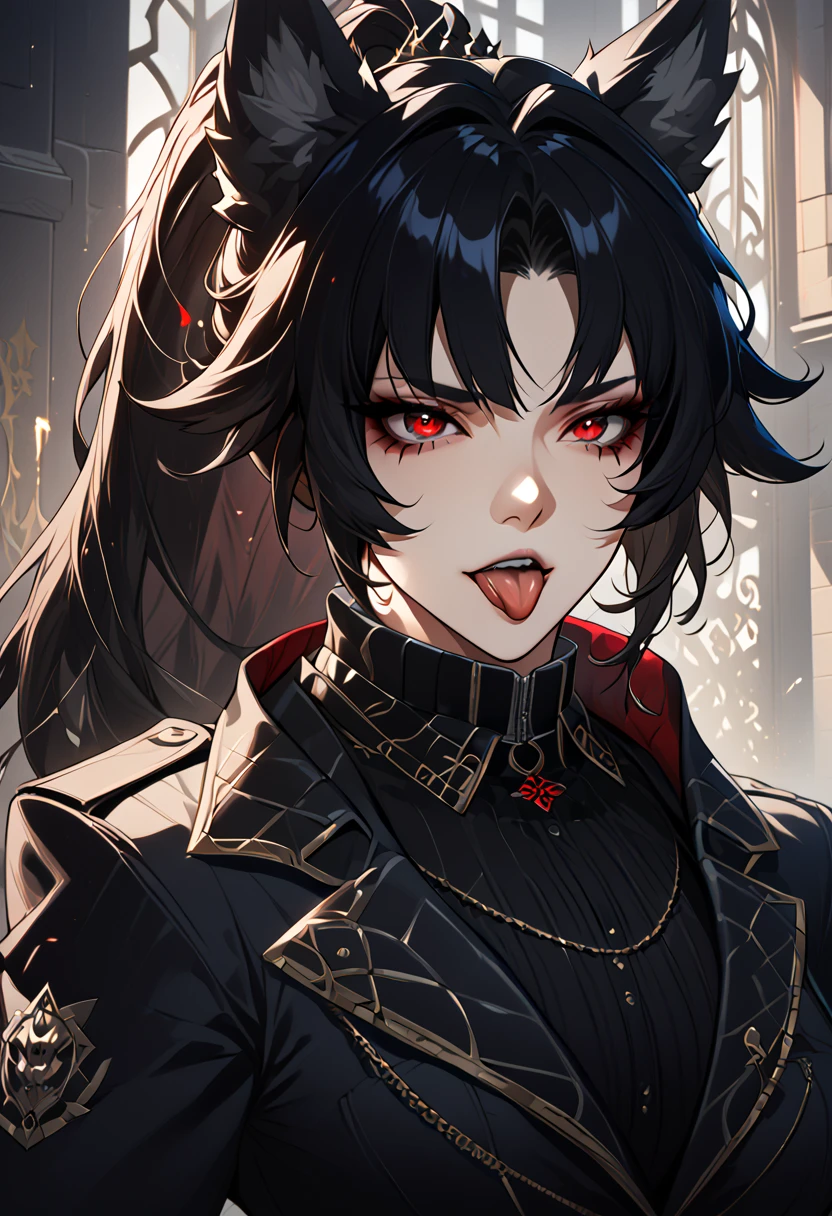 beautiful anime woman wearing a black military trench coat, tight black jeans pants, wolf ears, wolf tail, half wolf and half human, red eye color, black hair in a ponytail, light novel art, detailed anime art, anime, regal, royal, sexy, thicc, beautiful feminine facial features, flirtatious, sultry, slutty, petite, sharp canines, aheago, villain, all black clothing, high quality, very detailed anime art, feminine, slender face, military general vibes, pretty girl, good lighting, close up shot of face, sticking her tongue out expression, lewd