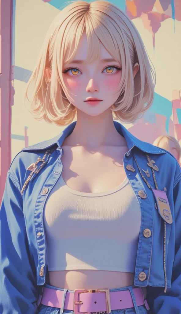 (masterpiece,  best quality)   Details, 1 character ,  blue archival art style ,  The baby is wearing a blue jacket,  pink belt  , BLACKPINK-inspired outfits,  crop top, stunningly beautiful woman  ,  short hair ,  blonde hair ,  orange eyes , No students ,  pink lips , Pale skin , ￼26 years old, 
 , Faded pastel colors , Cel shade ,