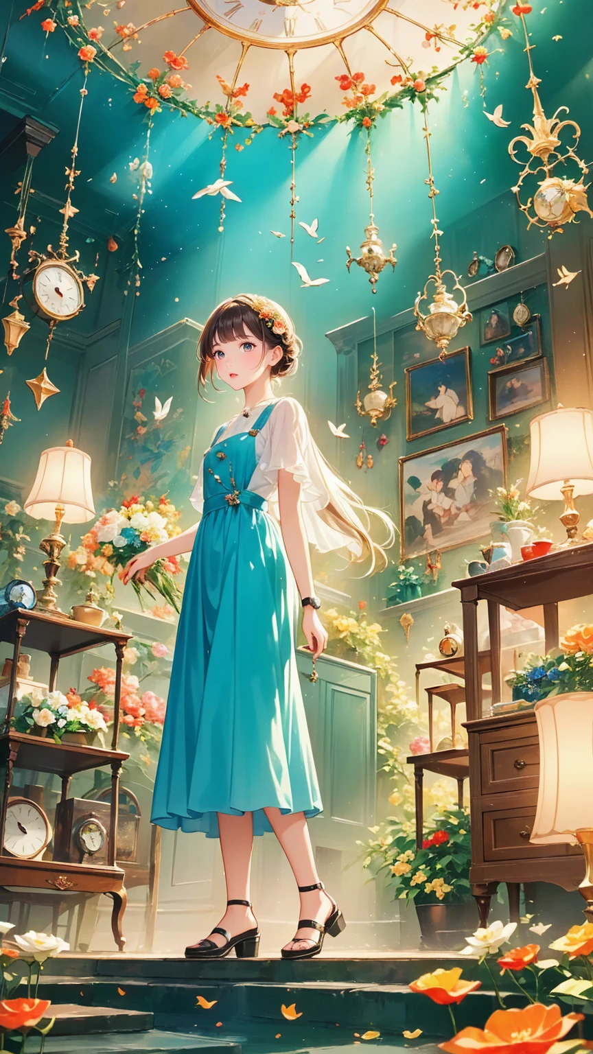 ,  full body view, Head to Toe Composition,Create an illustration of a fantastical space filled with countless intricately crafted clocks.. Each watch exudes nostalgia and wonder, The overall look creates a fascinating and nostalgic atmosphere.. These clocks are floating in a space-like void.,  Creates a fantastical atmosphere,  . Standing at the center of this enchanting scene, A lonely young girl, Her presence、Adding innocence and curiosity to the space. The wonder of her big eyes、Reflects the magical essence of the scene, The whole illustration looks dreamy and charming..
